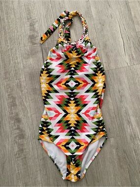 NWOT Blooming Jelly Vibrant Braided High Halter Neck One Piece Swimsuit Aztec- S